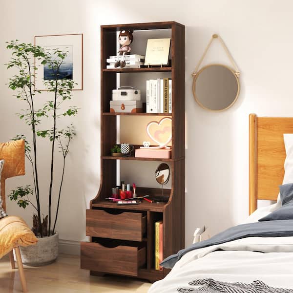 Unbranded Modern Brown 2 Drawer Tall Nightstand Bedside Table with Bookshelf and Drawers White Side Tables with Storage Shelves