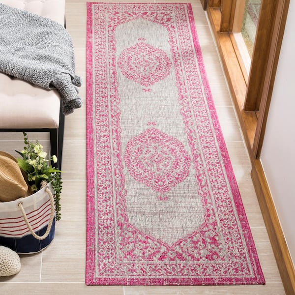 Courtyard Light Gray/Fuchsia 2 ft. x 10 ft. Border Indoor/Outdoor Patio  Runner Rug
