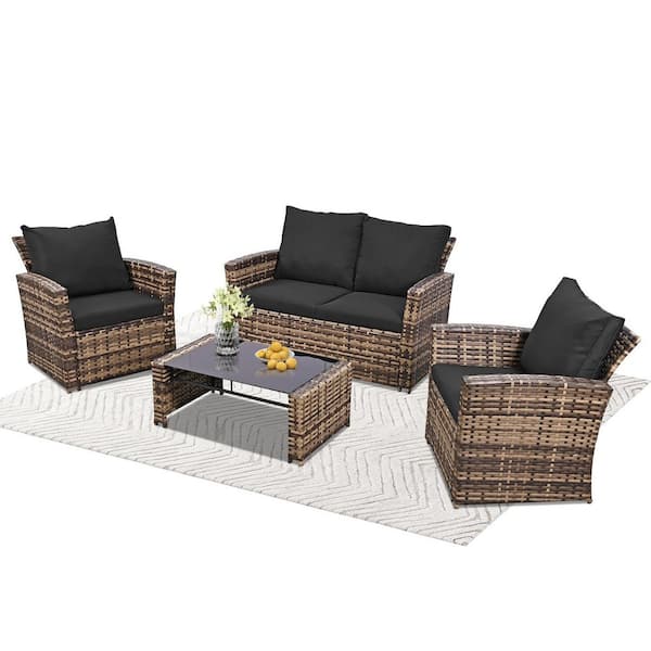 Yellow Wicker Outdoor Sectional Set with Black Cushions
