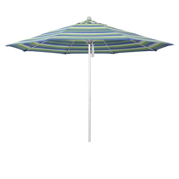 11 ft. Silver Anodized Aluminum Market Patio Umbrella with Fiberglass Ribs Pulley Lift in Seville Seaside Sunbrella