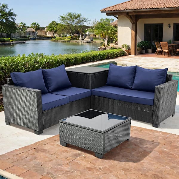 Unbranded 4-Pieces Black Wicker Outdoor Sectional Set with Dark Blue Cushions and Storage Box