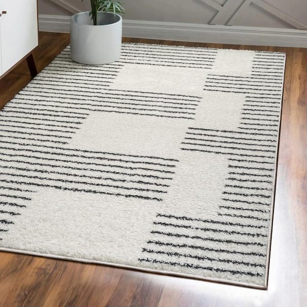 Petra Abstract Stripe Geometric Shag White/Black 8 ft. x 10 ft. Area Rug