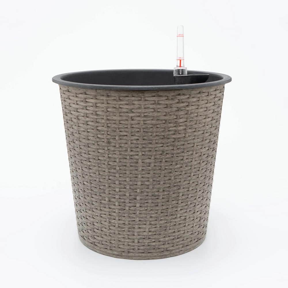Plastic plus Rattan Gray Wicker Self-watering Flower Planter For Flower Pla