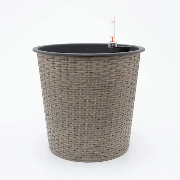 Cubilan Plastic plus Rattan Gray Wicker Self-watering Flower Planter For Flower Plant-13.4 in. x 13.4 in. x 12.2 in.Pots