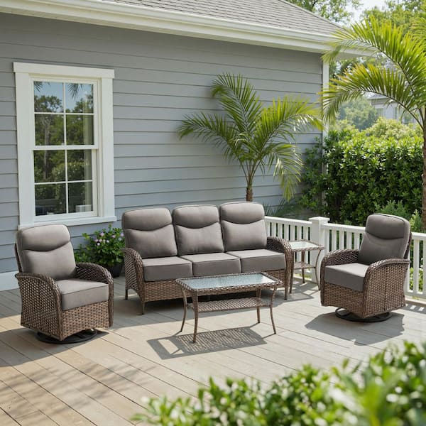 Luna 5-Piece Brown Wicker Patio Conversation Set with Swivel Gliders and 6 in. Olefin Gray Cushions
