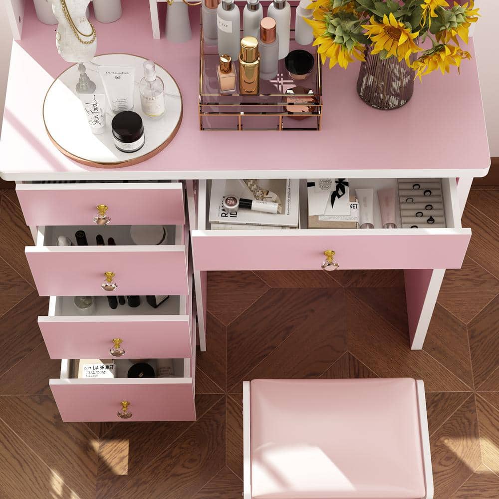 5-Drawers Pink Makeup Vanity Dressing Table Set with Stool, Mirror and Storage Shelves Girls Dressing Table - thumbnail 5
