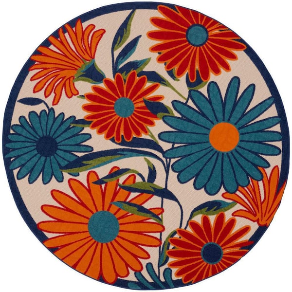 Aloha Multicolor 10 ft. x 10 ft. Botanical Contemporary Round Indoor/Outdoor Area Rug