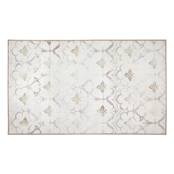 Leilani Damask Ivory 3 ft. x 5 ft. Machine Washable Accent Rug