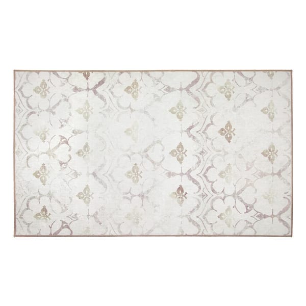 My Magic Carpet Leilani Damask Ivory 3 ft. x 5 ft. Machine Washable Accent Rug