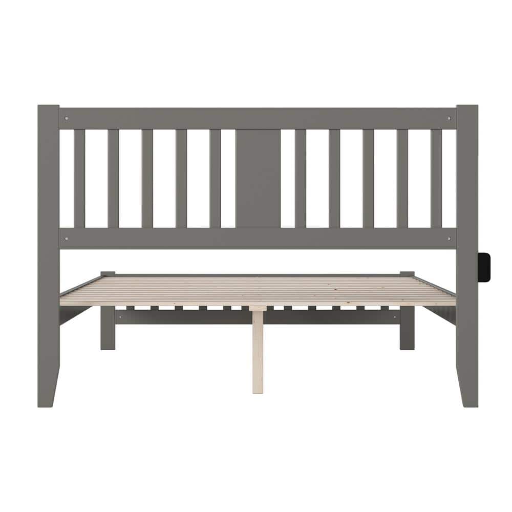 Gray Wood Queen Bed with Slatted Headboard and USB Ports