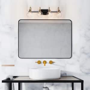 28 in. 4-Light Black Bathroom Vanity Light, Modern Brass Gold Wall Sconce, DIY Farmhouse Powder Room Globe Bath Light