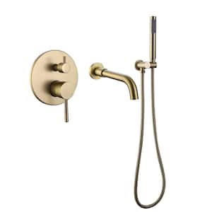 2-Handle Wall-Mount Roman Tub Faucet with Hand Shower Modern 3-Hole Brass Tub Fillers in Brushed Gold