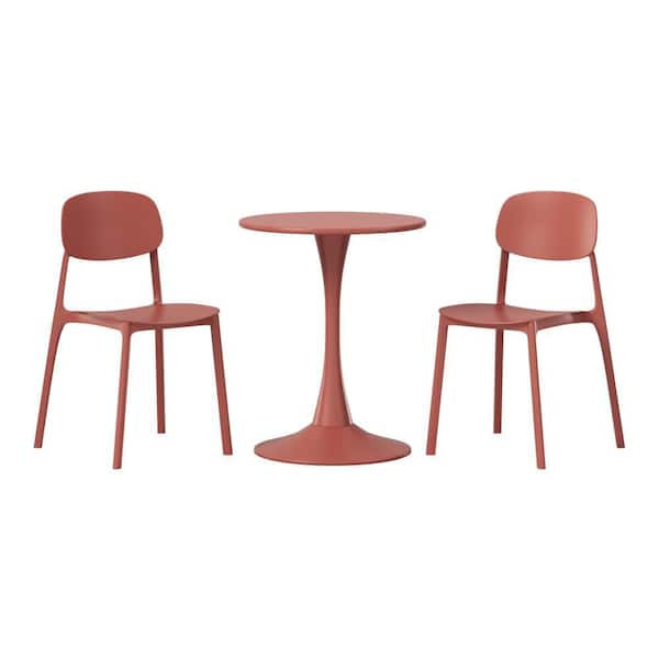 WESTIN OUTDOOR Frond and Form Outdoor Patio Modern 3-Piece Round HDPE Plastic Bistro Dining Set with Stackable Chairs, Red