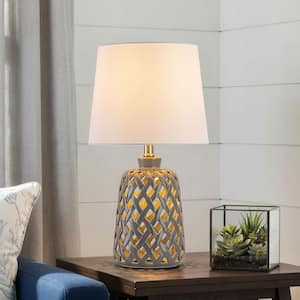 20 in. Gray Ceramic Table Lamp with Hollow Cut-Out Design, 3-Lighting Modes and White Linen Shade, 1-Light E26 Base