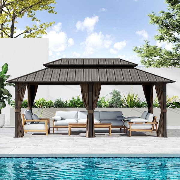 EGEIROSLIFE 12 ft. x 20 ft. Brown Double Roof Hardtop Patio Gazebo