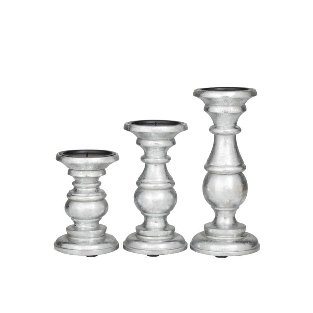 Hollywood Glam Silver Mango Wood Pillar Candle Holders - Set of 3