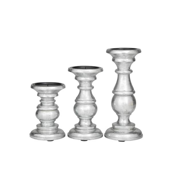 Silver Mango Wood Turned Style Pillar Candle Holder (Set of 3)