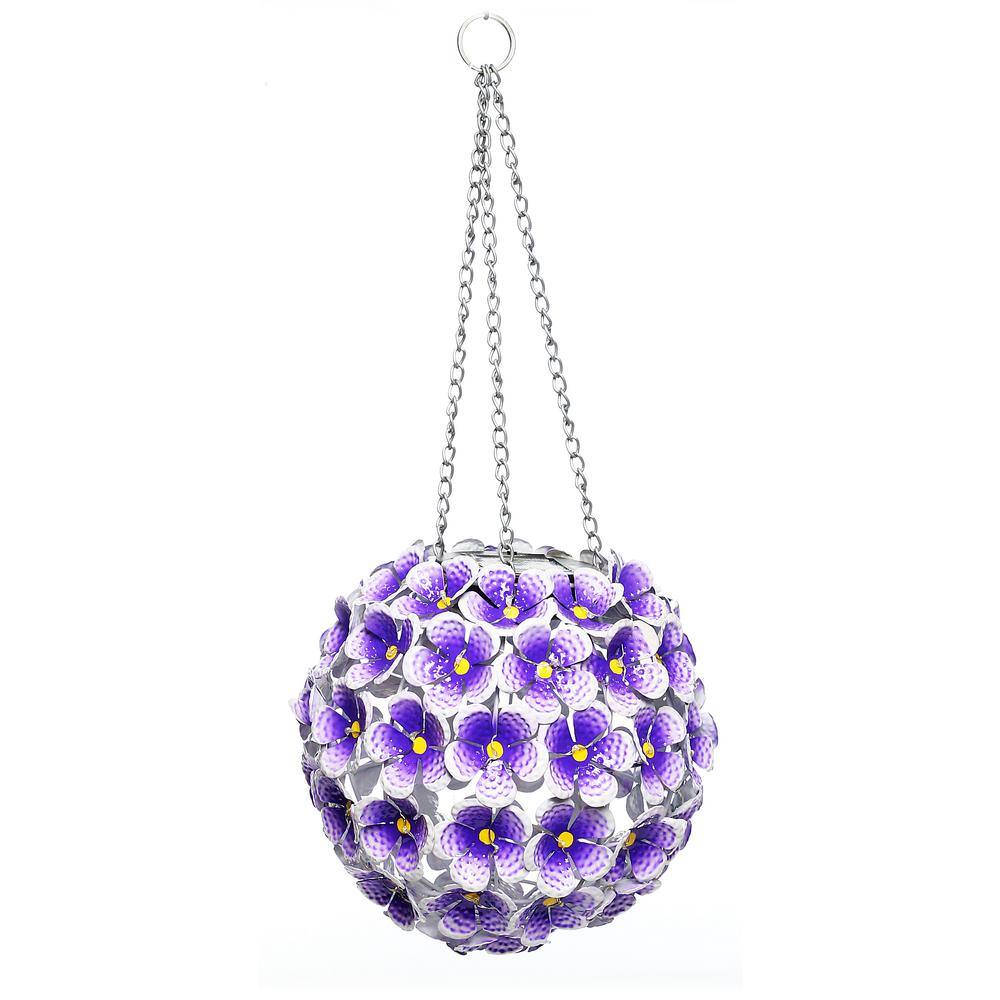 8 in. Tall Alpine Solar Metal Hanging Purple Hydrangea Ornament with White 