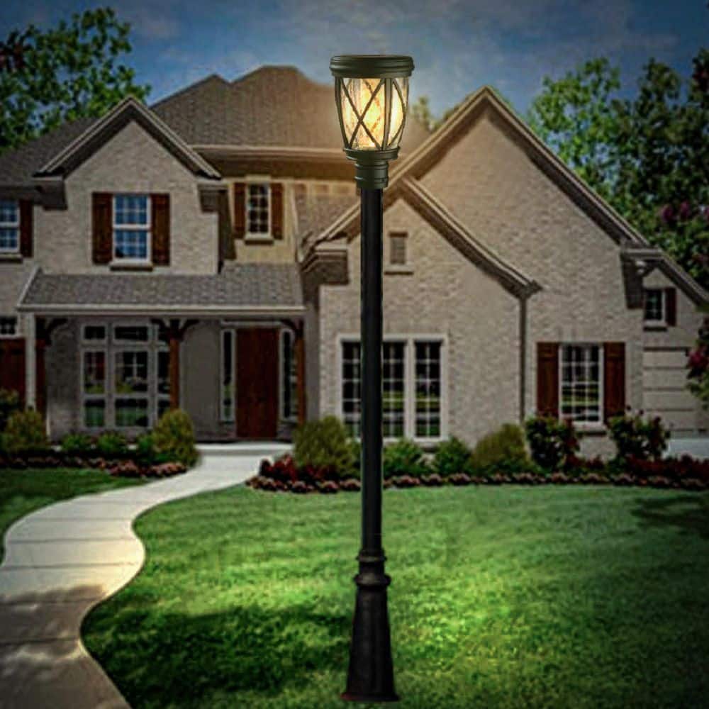 Black Aluminum Solar Post Lantern with Seeded Glass Shade