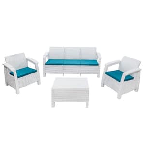 Ferrara White 4-Piece Resin Outdoor Patio Sofa Set with Turquoise Cushions