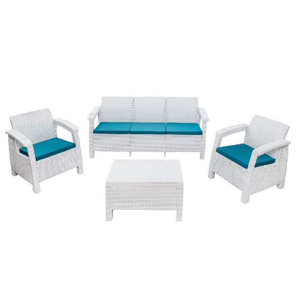 MQ Ferrara White 4-Piece Resin Outdoor Patio Sofa Set with Turquoise Cushions