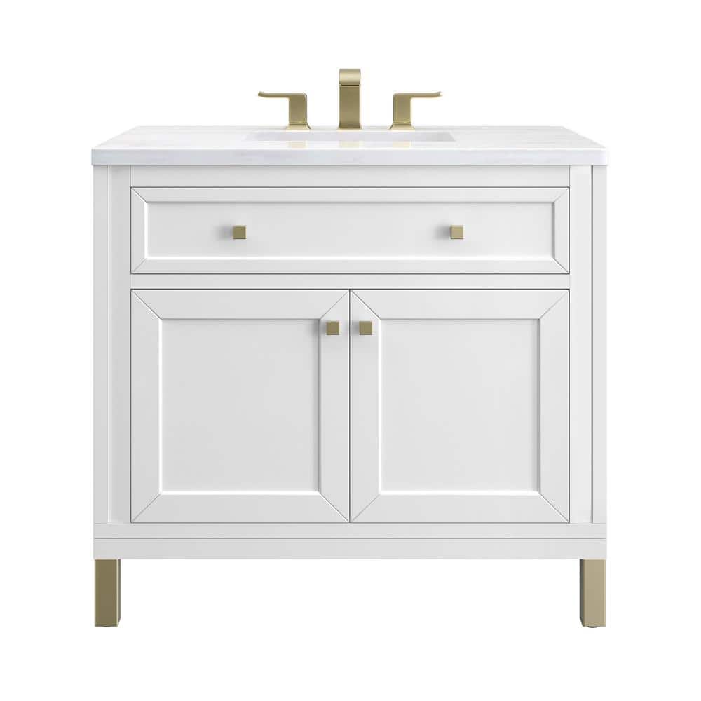 James Martin Vanities Chicago 36.0 in. W x 23.5 in. D x 34 in. H Bathroom Vanity in Glossy White with Arctic Fall Solid Surface Top -  305-V36-GW-3AF