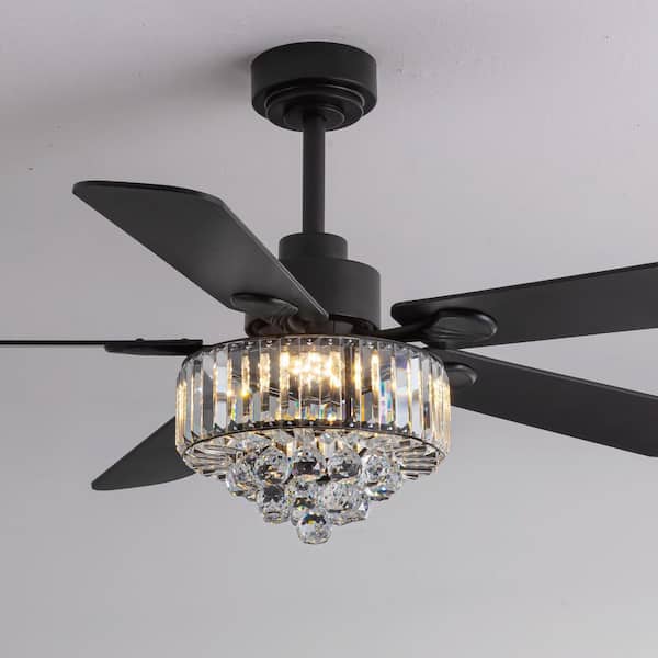 52 in. Black Crystal Downrod Modern Chandelier Ceiling Fan with LED Light Inclued and Remote Control