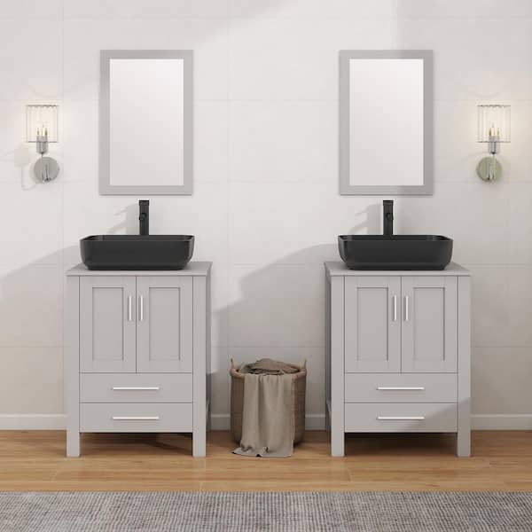 24 in. W x 20 in. D x 32 in. H Single Sink Bath Vanity in Gray with Gray Solid Surface Top and Mirror