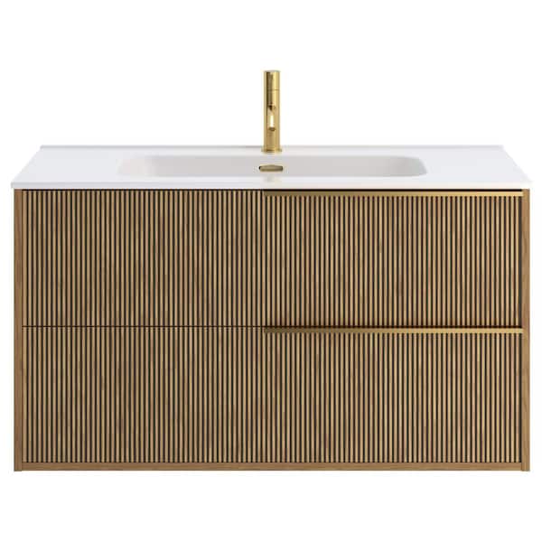 CHAMELEON CONCEPTS Demeter Art Gold 40 in. W x 18.1 in. D x 22.8 in. H Deco Wall Mounted Vanity with Single Sink and White Ceramic Top