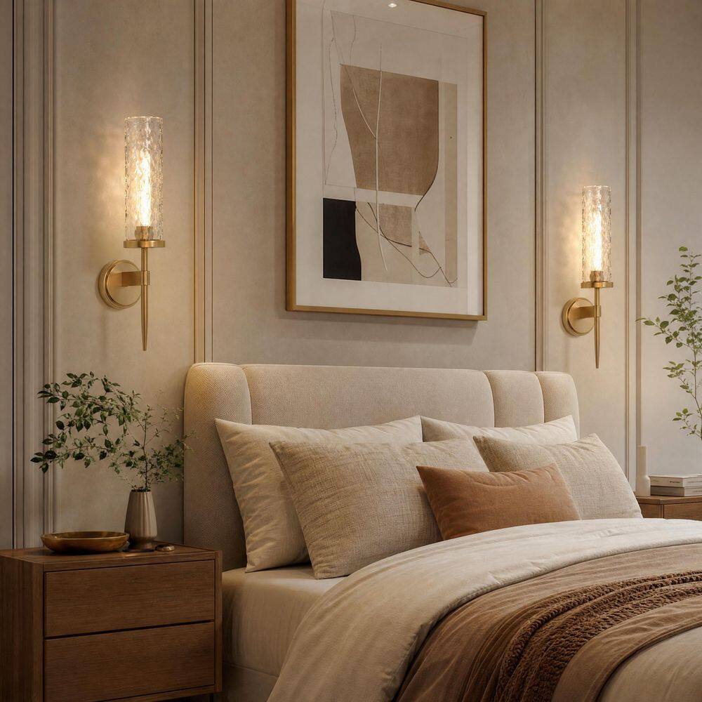 21.6 in. 1-Light Modern Brass Gold Metal Wall Sconce with Water Ripple Glass Shade for Living Room, Entryway (2-Pack) price history on PriceWatchPro