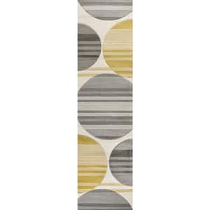 Nicky Geometric Striped Circles Gray/Yellow/Cream 2 ft. x 8 ft. Runner Rug
