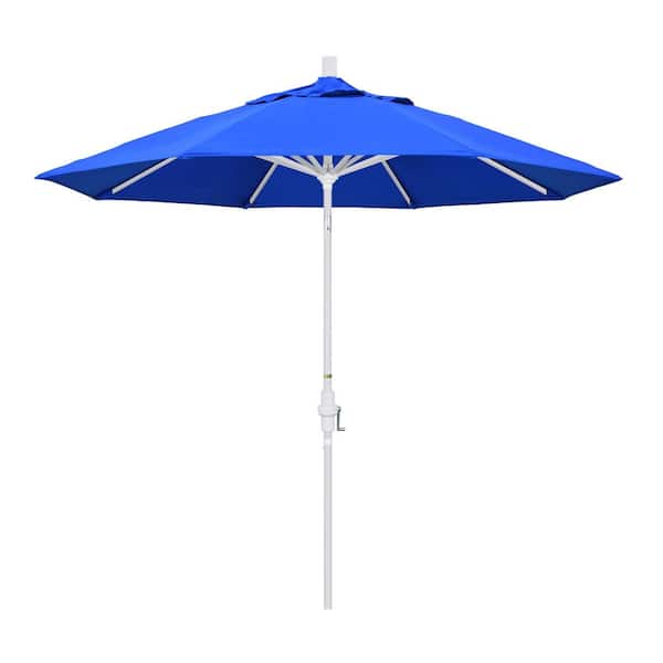 California Umbrella 9 ft. White Aluminum Pole Market Aluminum Ribs Collar Tilt Crank Lift Patio Umbrella in Pacific Blue Sunbrella