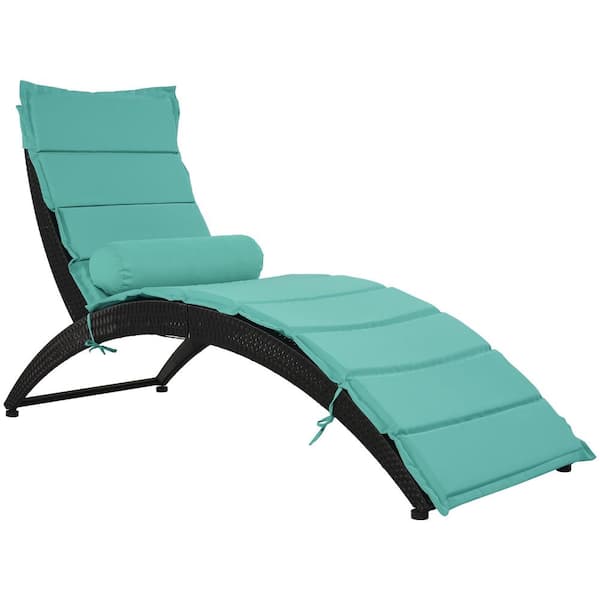 waelph Black Wicker Outdoor Chaise Lounge with and Bolster Pillow and Removable Turquoise Cushion