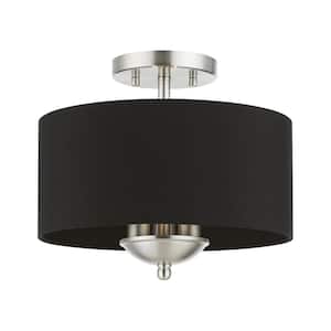 Wynbrook 12 in. 3-Lights Brushed Nickel Semi Flush Mount with Black Fabric Shade