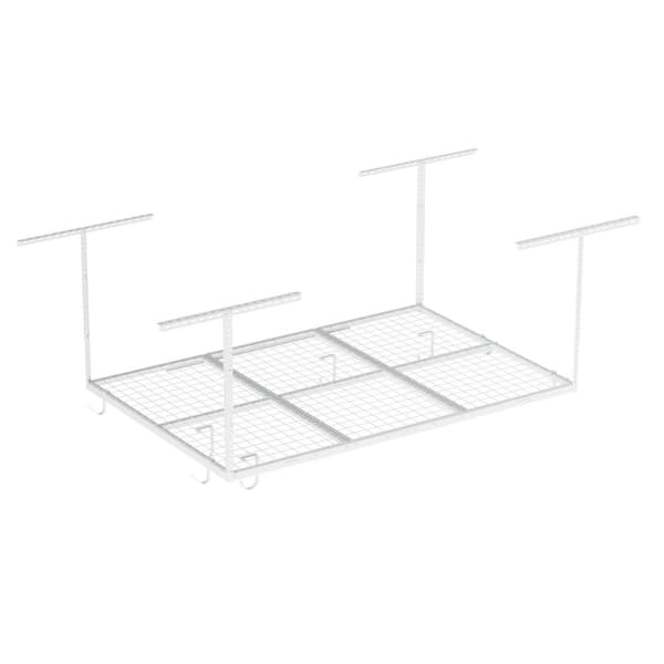 FLEXIMOUNTS OHK Series 48 in. W x 72 in. D x 22-40 in. H White Ceiling Mounted Overhead Garage Storage Rack with Accessory Hooks