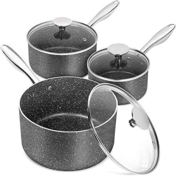 1Qt 2Qt 3Qt Granite Nonstick Sauce Pan Set in Grey with Lid Stainless Steel Handle Oven Safe 3-Pack Aluminum