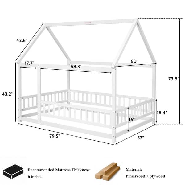 White Full Size Wood House Floor Bed with Fence Guardrails Playhouse Bed Frame Montessori House Bed for Kids