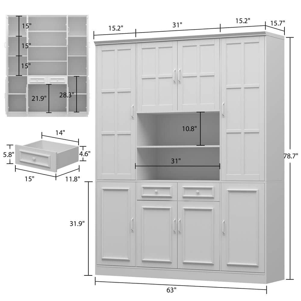White Gloss 78.7" Kitchen Pantry Cabinet with Glass Doors and Drawers