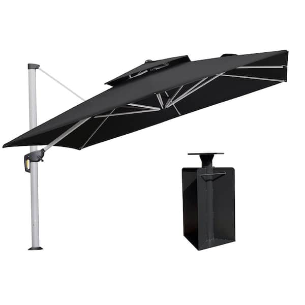 PURPLE LEAF 12 ft. Square High-Quality Aluminum Cantilever Polyester Outdoor Patio Umbrella with Base in Ground, Black