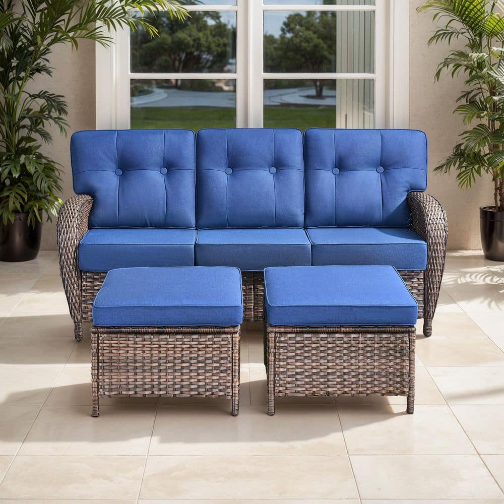 TWrap 3-Piece Brown Wicker Outdoor 3-Seat Couch with T-Shaped Back and 5 in. Thick Navy Blue Cushions and ottomans price history on PriceWatchPro