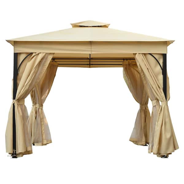 10 ft. x 10 ft. Beige Polyester Steel Outdoor Patio Gazebo Tent with Double Roofs Mosquito Netting and Privacy Screens