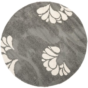 Florida Shag Gray/Beige 7 ft. x 7 ft. Round Floral Solid Area Rug