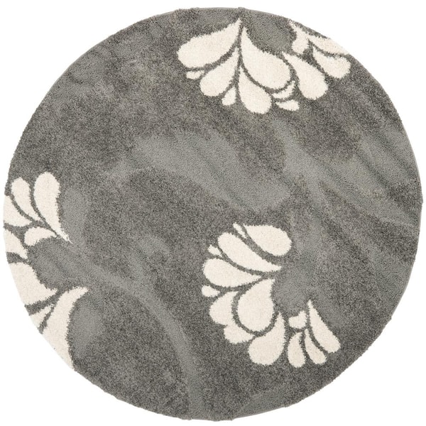 SAFAVIEH Florida Shag Gray/Beige 7 ft. x 7 ft. Round Floral Solid Area Rug