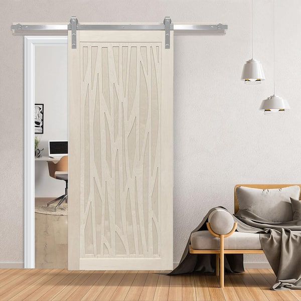 42 in. x 84 in. Howl at the Moon Parchment Wood Sliding Barn Door with Hardware Kit in Black
