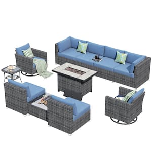 Messi Grey 11-Piece Wicker Outdoor Patio Fire Pit Conversation Sofa Set with Swivel Chairs and Denim Blue Cushions