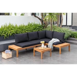 Molokai 3-Piece Wood Patio Conversation Set with Black Cushions