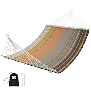 11 ft. Double Wide 2-Person Textilene Hammock Bed with Iron Spreader Bars and Pillow, Brown Stripes