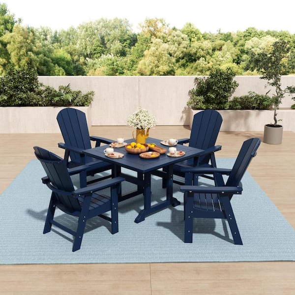 WESTIN OUTDOOR Laguna Outdoor Patio Adirondack Weather Resistant Navy Blue 5-Piece HDPE Plastic Square Table Dining Set