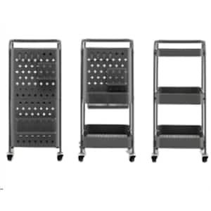Grey Metal Multifunction 3-Tier Utility Storage Cart, Kitchen Cart Rolling Trolley with DIY Pegboard Baskets