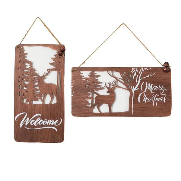 SULLIVANS 8 in. and 15.75 in. Metal Deer Welcome and Merry Christmas Decorative Sign - Set of 2, Brown